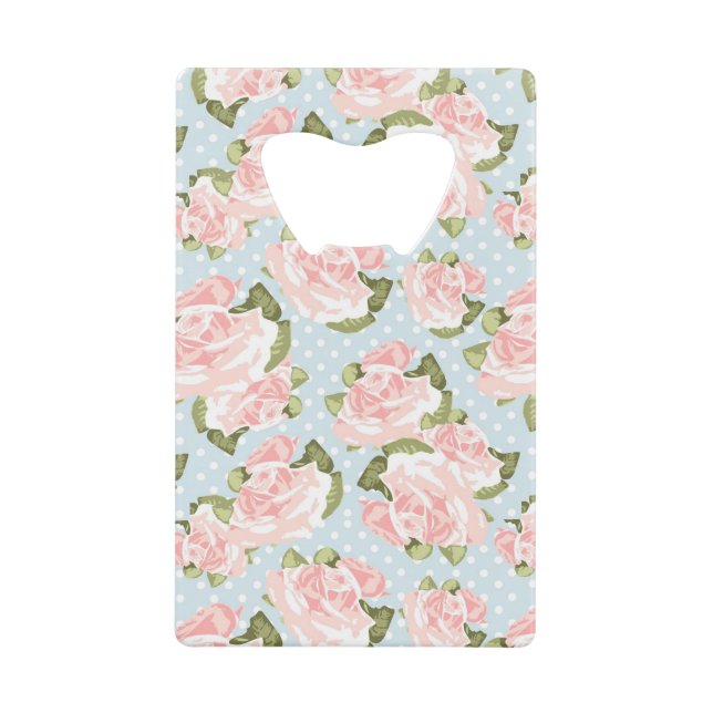 Beautiful rose pattern with blue polka dots credit card bottle opener (Front)