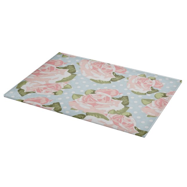 Beautiful rose pattern with blue polka dots cutting board (Corner)