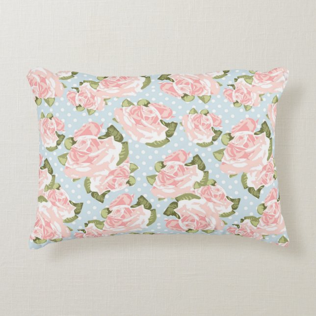 Beautiful rose pattern with blue polka dots decorative pillow (Front)