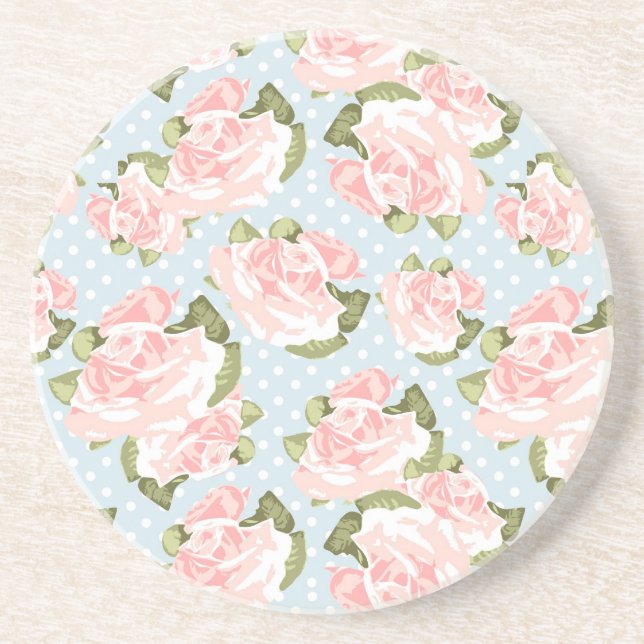 Beautiful rose pattern with blue polka dots drink coaster (Front)