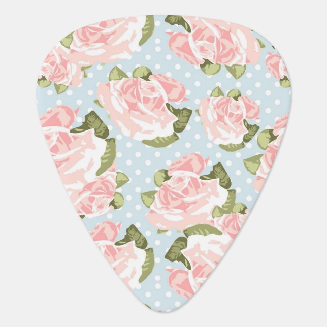 Beautiful rose pattern with blue polka dots guitar pick (Front)