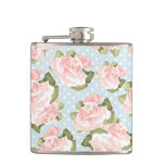 Beautiful rose pattern with blue polka dots hip flask