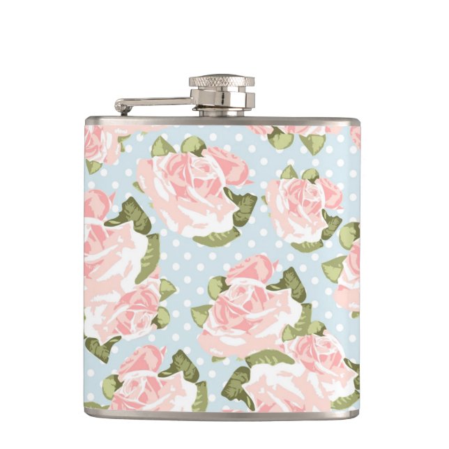 Beautiful rose pattern with blue polka dots hip flask (Front)