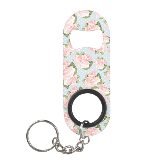 Beautiful rose pattern with blue polka dots keychain bottle opener (Front)