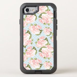 Beautiful rose pattern with blue polka dots OtterBox defender iPhone SE/8/7 case
