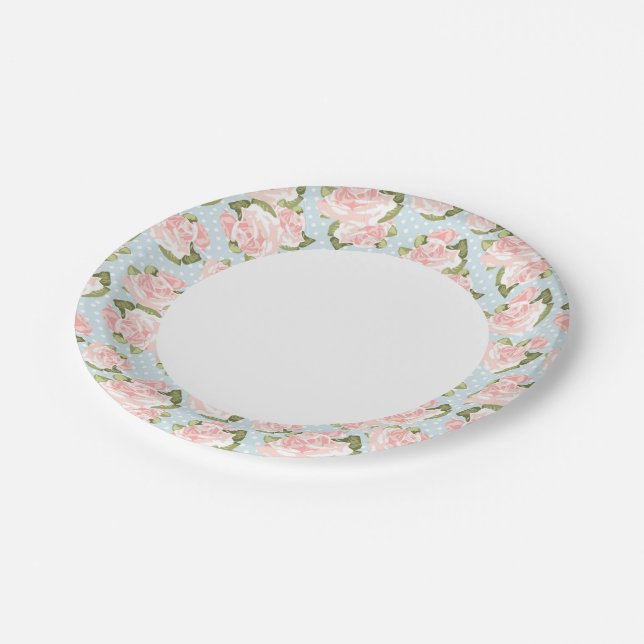 Beautiful rose pattern with blue polka dots paper plates (Angled)