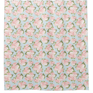 Beautiful rose pattern with blue polka dots shower curtain