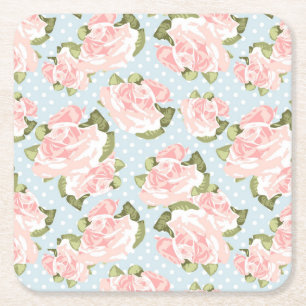 Beautiful rose pattern with blue polka dots square paper coaster