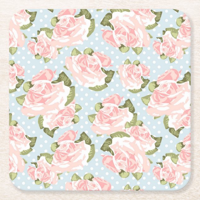 Beautiful rose pattern with blue polka dots square paper coaster (Front)