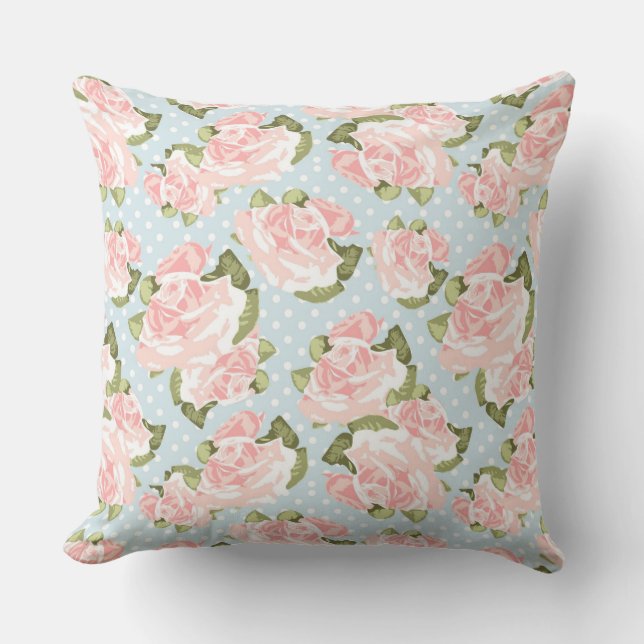 Beautiful rose pattern with blue polka dots throw pillow (Front)