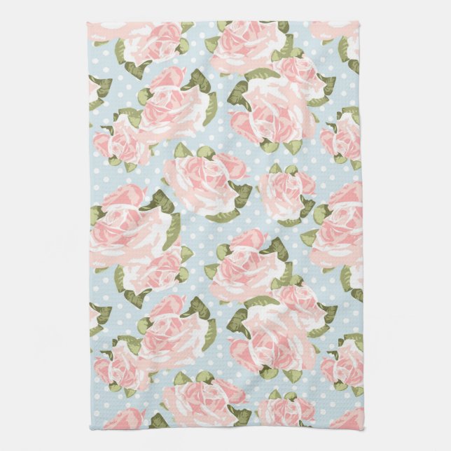 Beautiful rose pattern with blue polka dots towel (Vertical)