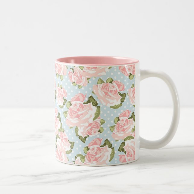 Beautiful rose pattern with blue polka dots Two-Tone coffee mug (Right)