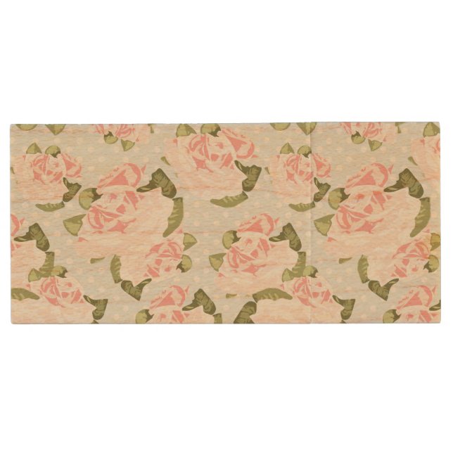 Beautiful rose pattern with blue polka dots wood flash drive (Front)