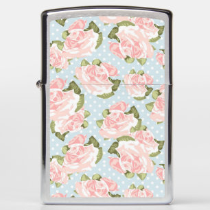 Beautiful rose pattern with blue polka dots zippo lighter