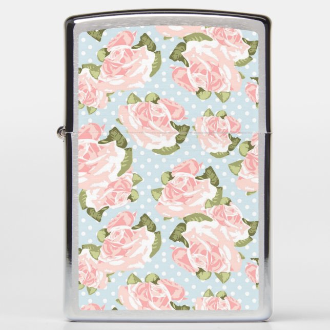 Beautiful rose pattern with blue polka dots zippo lighter (Front)