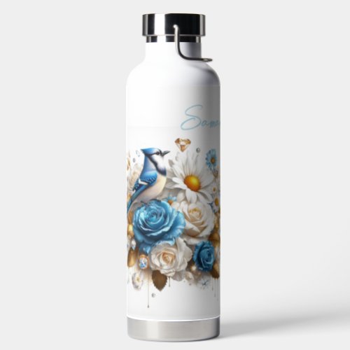 Beautiful Roses Daisies and a Blue Jay Water Bottle