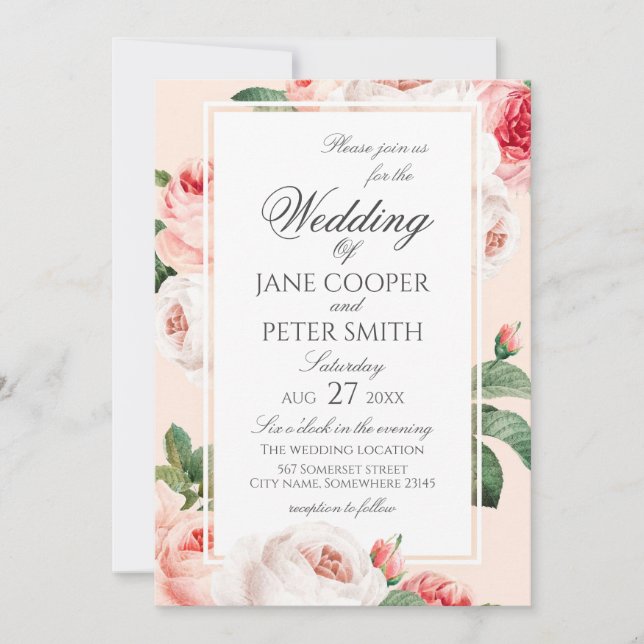 Beautiful Roses floral Wedding Invitation (Front)