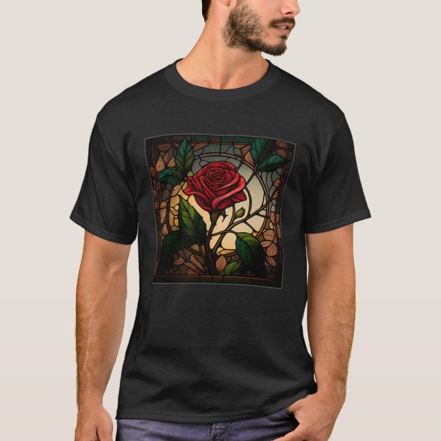 Beautiful Roses Illustration Stained Glass Realist T-Shirt (Front)