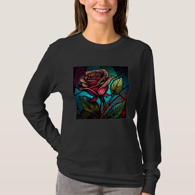 Beautiful Roses Illustration Stained Glass Realist T-Shirt (Front)