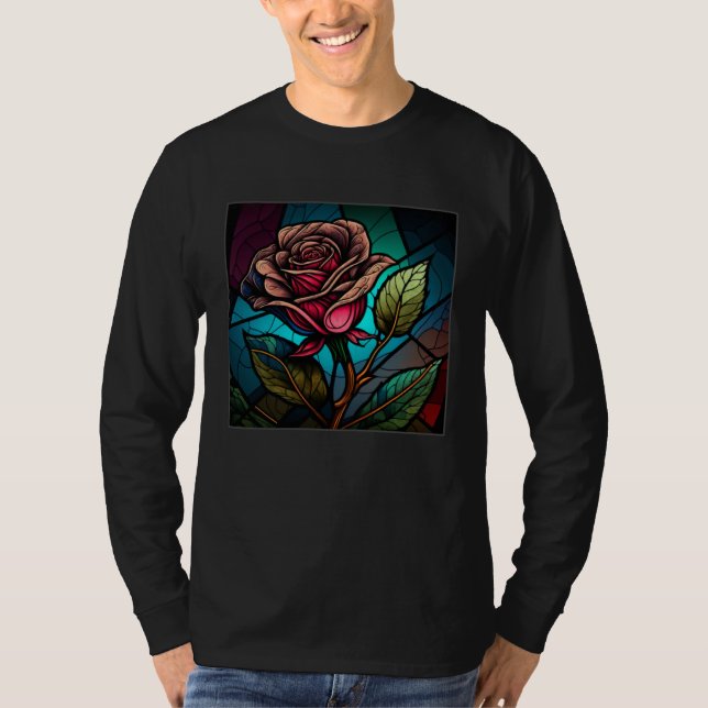 Beautiful Roses Illustration Stained Glass Realist T-Shirt (Front)