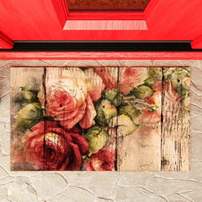 Beautiful Roses Painted on Rustic Wood Doormat (Creator Uploaded)