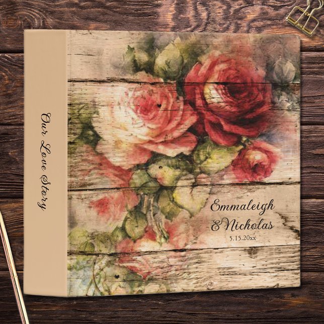 Beautiful Roses Painted on Rustic Wood Wedding  3 Ring Binder (Creator Uploaded)