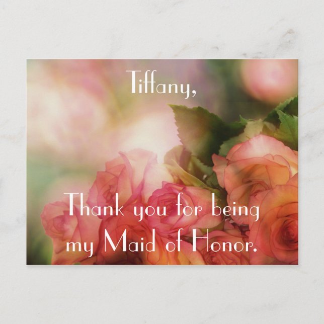 Beautiful Roses Thank You Maid of Honor Postcard (Front)