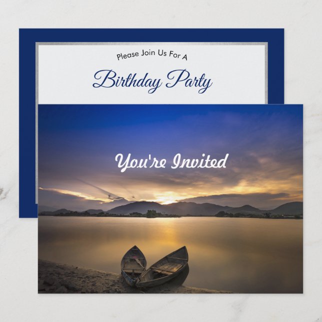 Beautiful Rowboats Water Sunrise Photo Birthday Invitation (Front/Back)