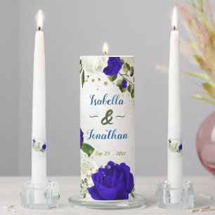 beautiful royal blue and white flowers greenery unity candle set