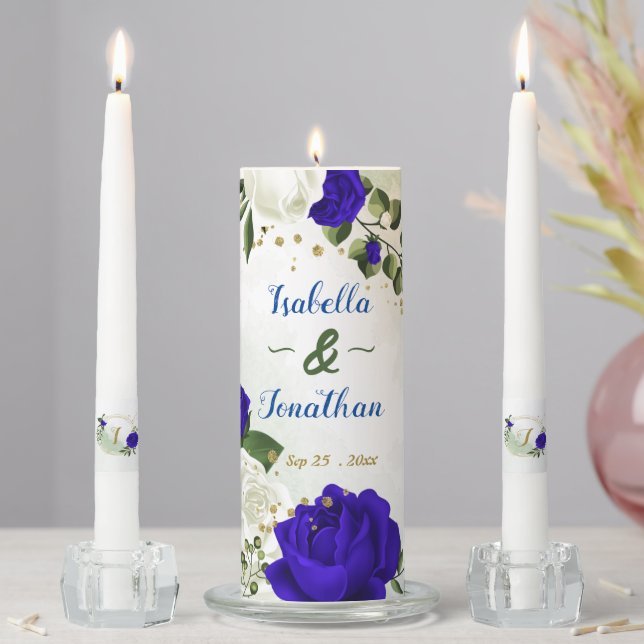 beautiful royal blue and white flowers greenery unity candle set (In Situ)