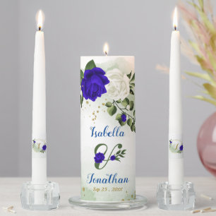 beautiful royal blue and white flowers greenery unity candle set