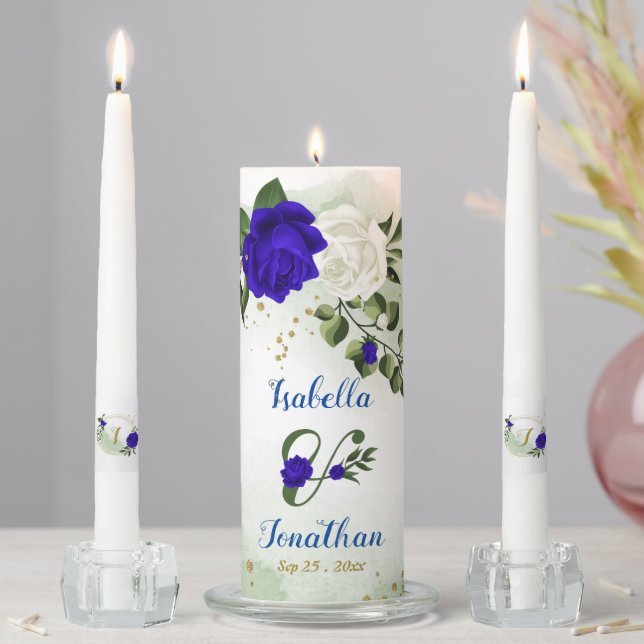 beautiful royal blue and white flowers greenery unity candle set (In Situ)