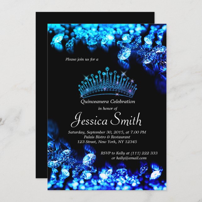 Beautiful Royal Blue Diamond Quinceañera Invite (Front/Back)