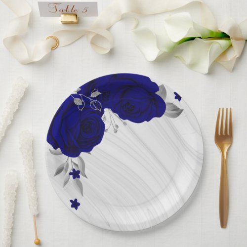 Beautiful royal blue flowers silver gray marble paper plates