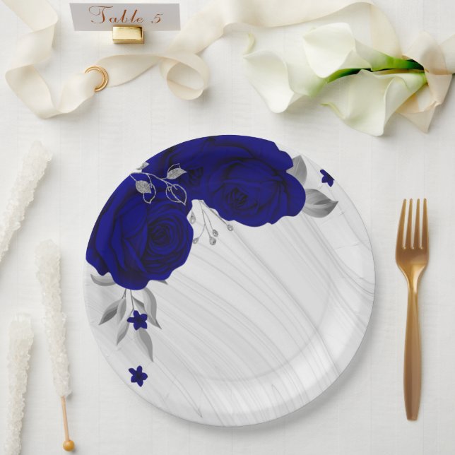 Beautiful royal blue flowers silver gray marble paper plates (Wedding)
