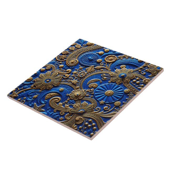 Beautiful Royal Blue & Gold Floral Abstract Ceramic Tile (Side)