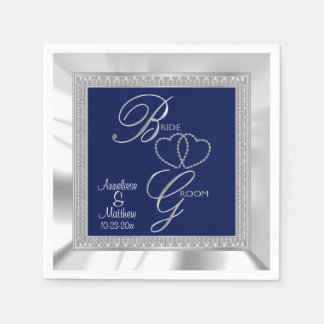 Beautiful Royal Blue, Silver & White Satin Wedding Napkins