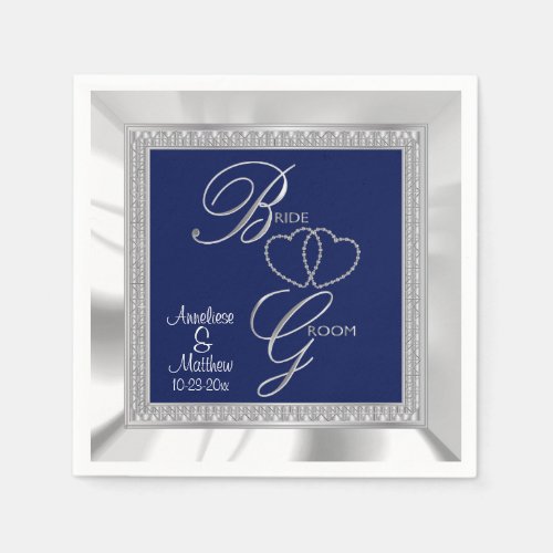 Beautiful Royal Blue Silver  White Satin Wedding Napkins