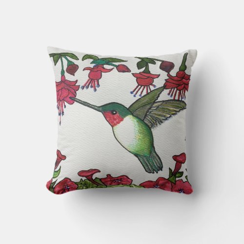 Beautiful Ruby_throated Hummingbird Garden Flowers Throw Pillow