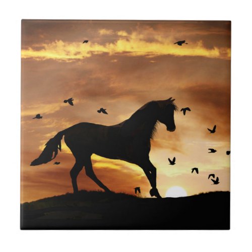 Beautiful Running Horse and Sunset Art Tile