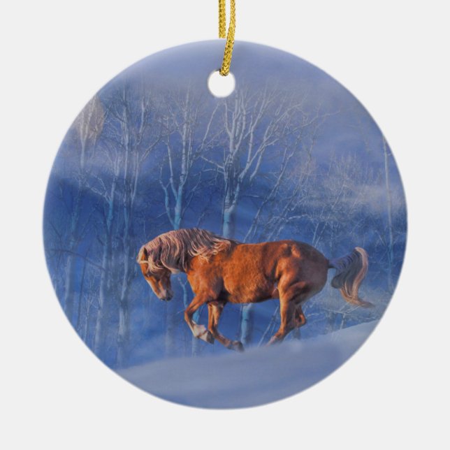 Beautiful Running Horse in the Snow Xmas Ornament (Front)