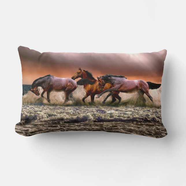 Beautiful Running Horses in Surf Lumbar Pillow (Front)