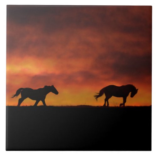 Beautiful Running Horses in the Sunset Art Ceramic Tile