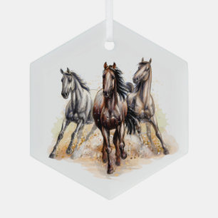 Beautiful Running Wild Horses Watercolor Art Glass Ornament