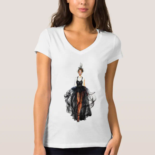 Beautiful Runway Model, Black Haute Couture Dress T-Shirt (Front)