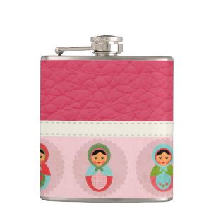 Beautiful Russian Nesting Dolls on Leather Flask