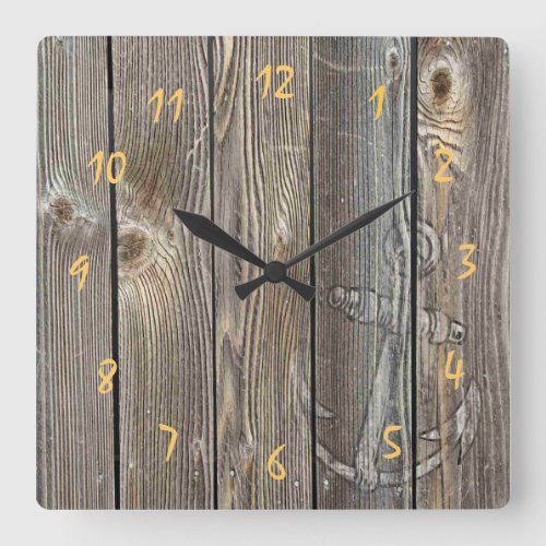 Beautiful rustic anchor on authentic looking wood square wall clock