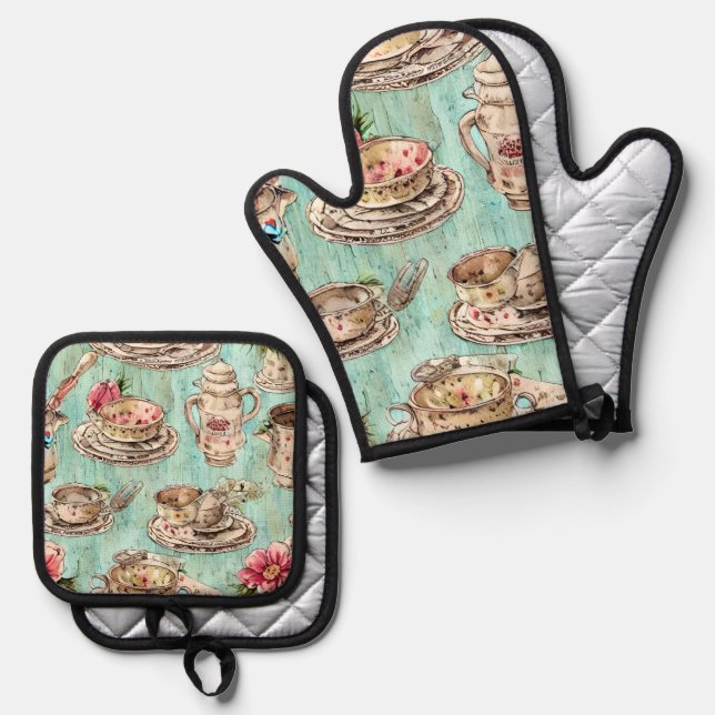 Beautiful rustic blue wood kitchen illustrations oven mitt & pot holder set (Front/Back)