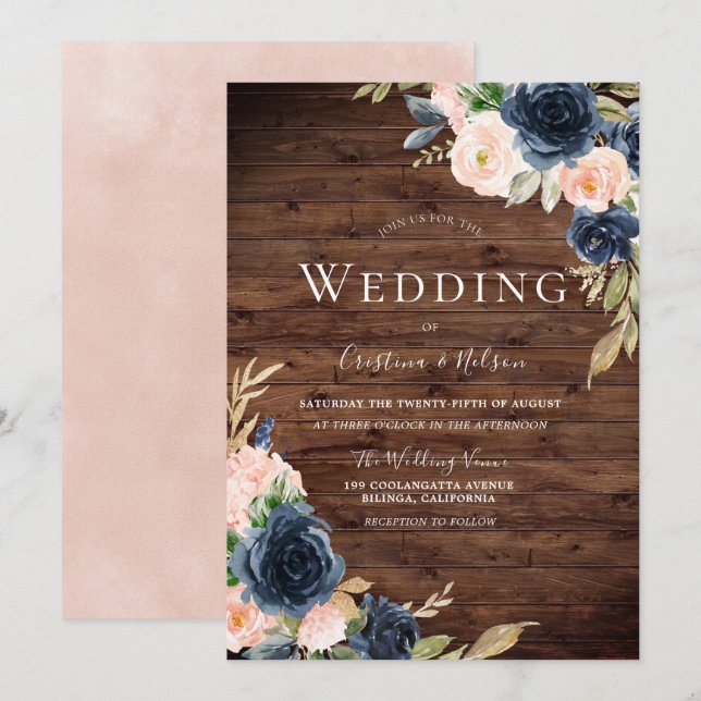 Beautiful Rustic Blush & Navy Flowers Wedding Invitation (Front/Back)