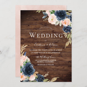 Beautiful Rustic Blush & Navy Flowers Wedding Invitation